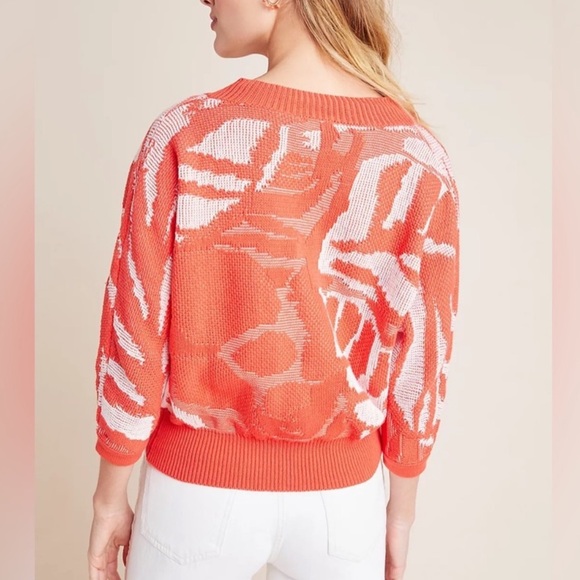 Callahan Knitwear x Anthropologie Jacquard Knit V-Neck Sweater Tangerine NWT - Picture 4 of 9